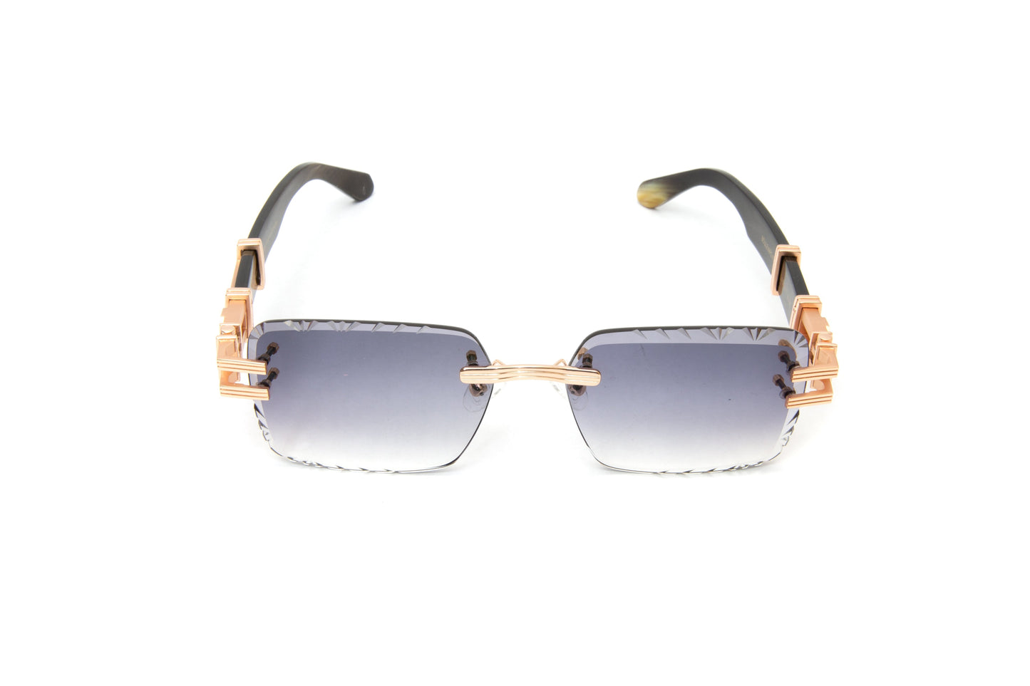 BOULEVARD #3 18KT Gold Rimless Black Buffalo Horn Sunglasses, Diamond Cut Lenses