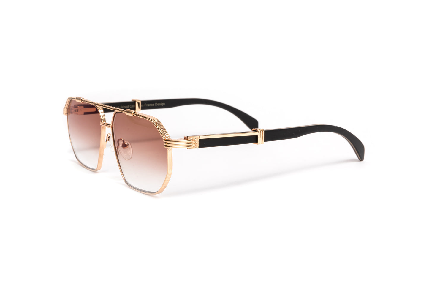18kt gold aviator sunglasses with a twisted rope design bar, black wood temples and gradient brown tinted lenses with anti glare coating
