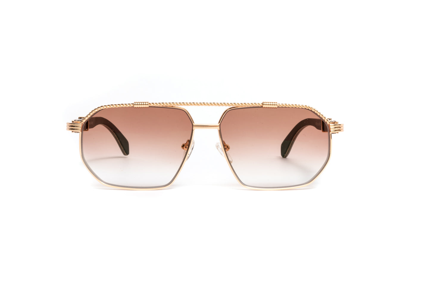 18kt gold aviator sunglasses with a twisted rope design bar, black wood temples and gradient brown tinted lenses with anti glare coating