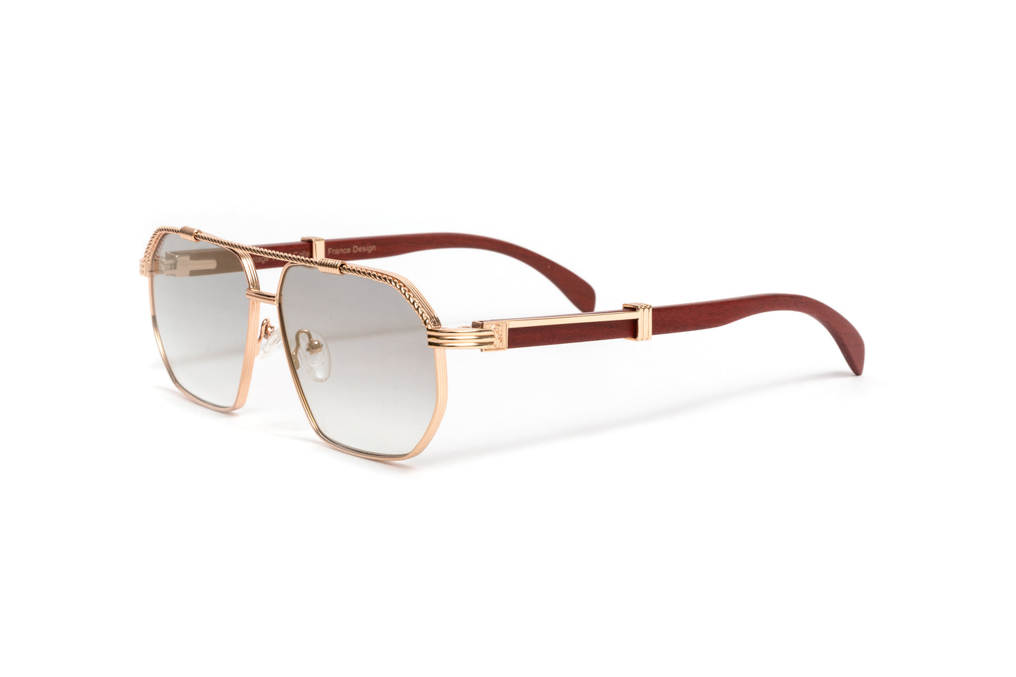 18kt gold Brigade aviator men's sunglasses with brown wood temples and gold mirrored lenses by Vintage Wood Collection Eyewear