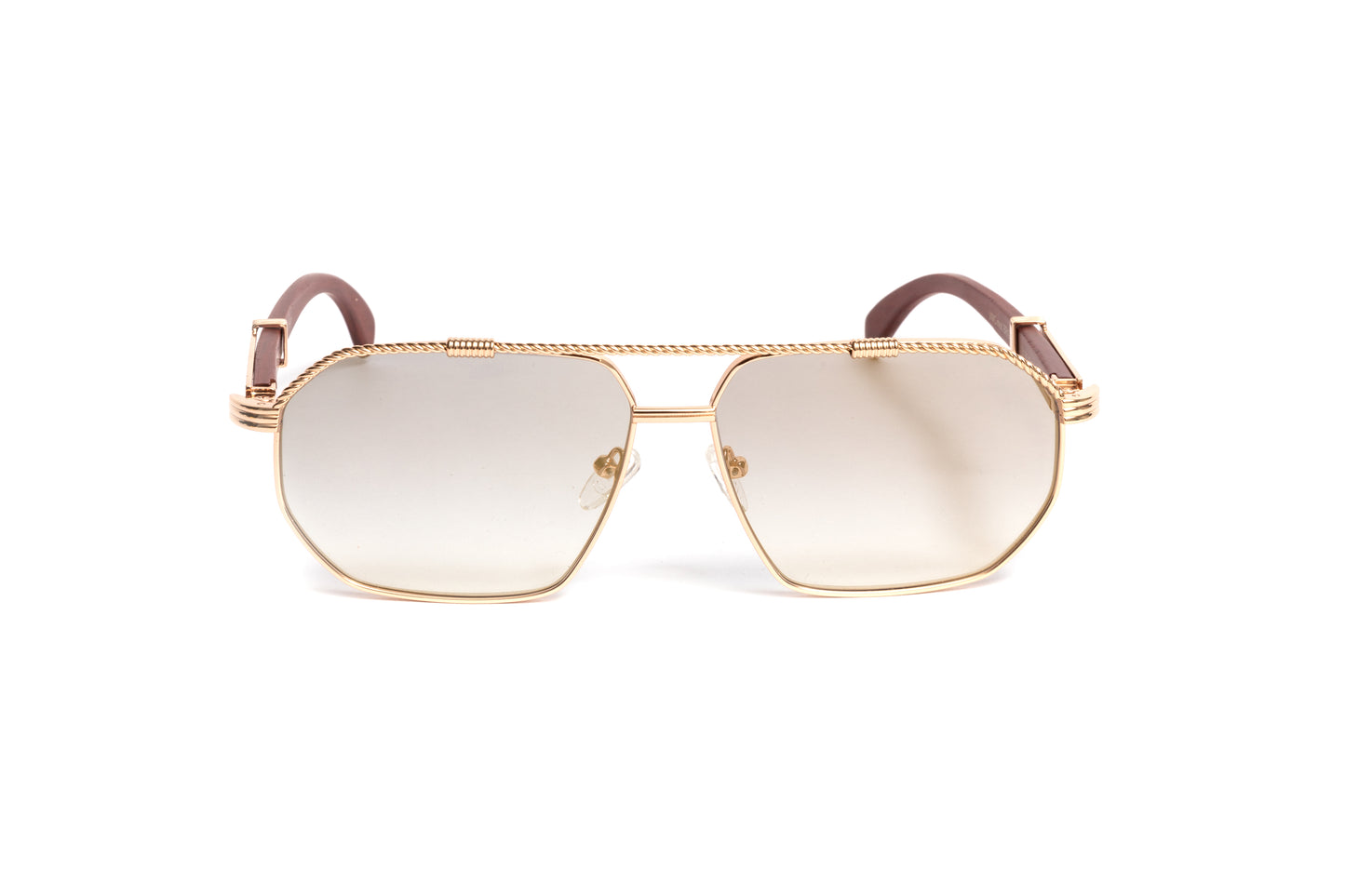 18kt gold Brigade aviator men's sunglasses with brown wood temples and gold mirrored lenses by Vintage Wood Collection Eyewear