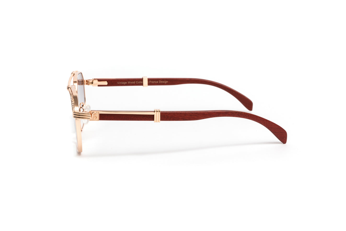 18kt gold Brigade aviator men's sunglasses with brown wood temples and gold mirrored lenses by Vintage Wood Collection Eyewear