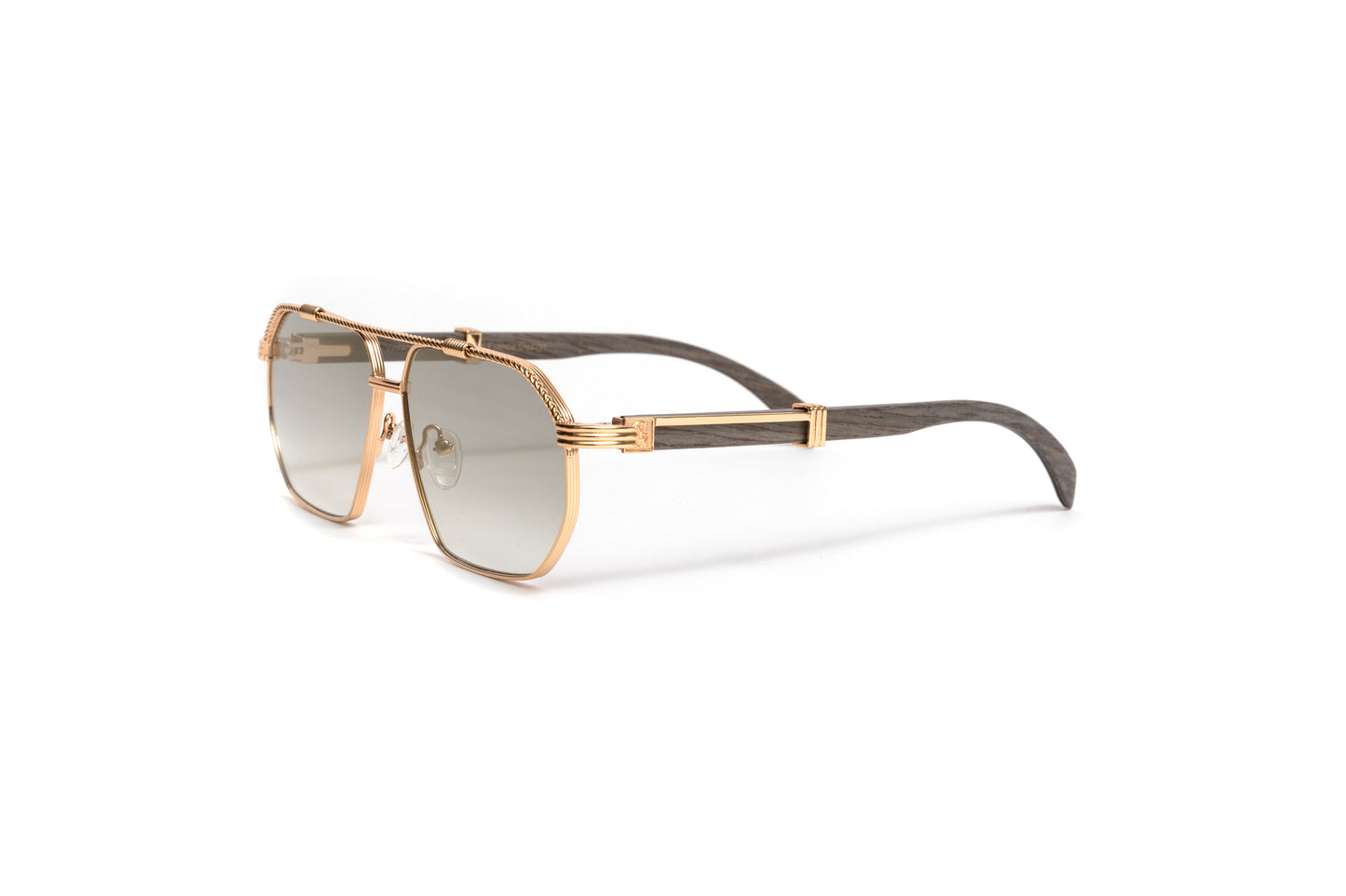 18kt gold aviator men's sunglasses with a twisted rope bar, grey wood temples and gold mirrored lenses by Vintage Wood Collection