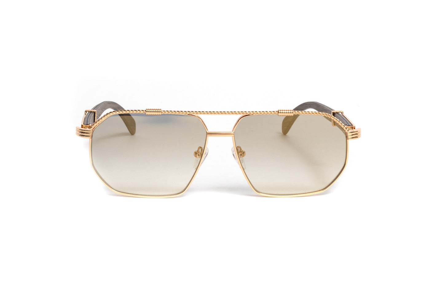 18kt gold aviator men's sunglasses with a twisted rope bar, grey wood temples and gold mirrored lenses by Vintage Wood Collection