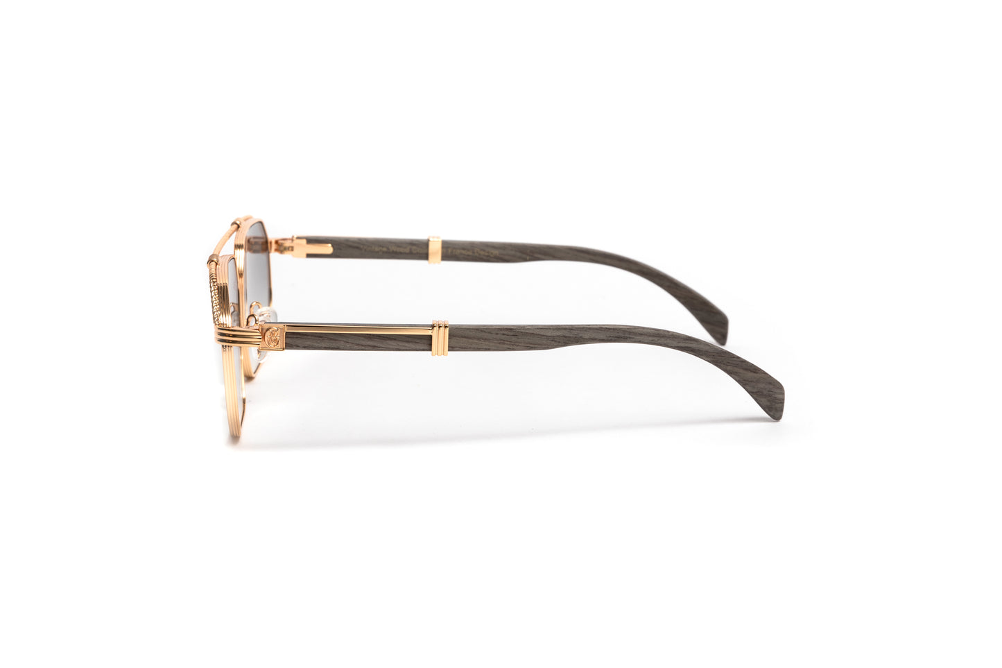 18kt gold aviator men's sunglasses with a twisted rope bar, grey wood temples and gold mirrored lenses by Vintage Wood Collection