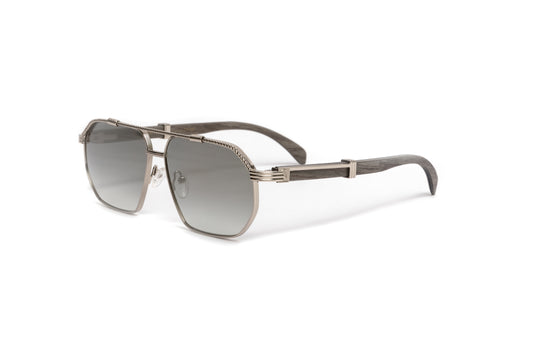 Men's full rim silver aviator sunglasses with grey wood temples and silver mirrored lenses by VWC Eyewear