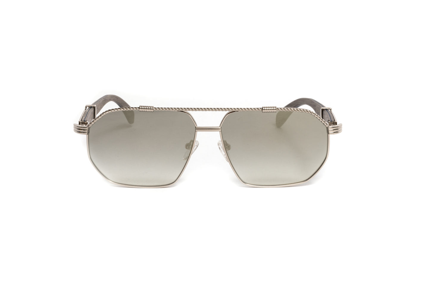 Men's full rim silver aviator sunglasses with grey wood temples and silver mirrored lenses by VWC Eyewear