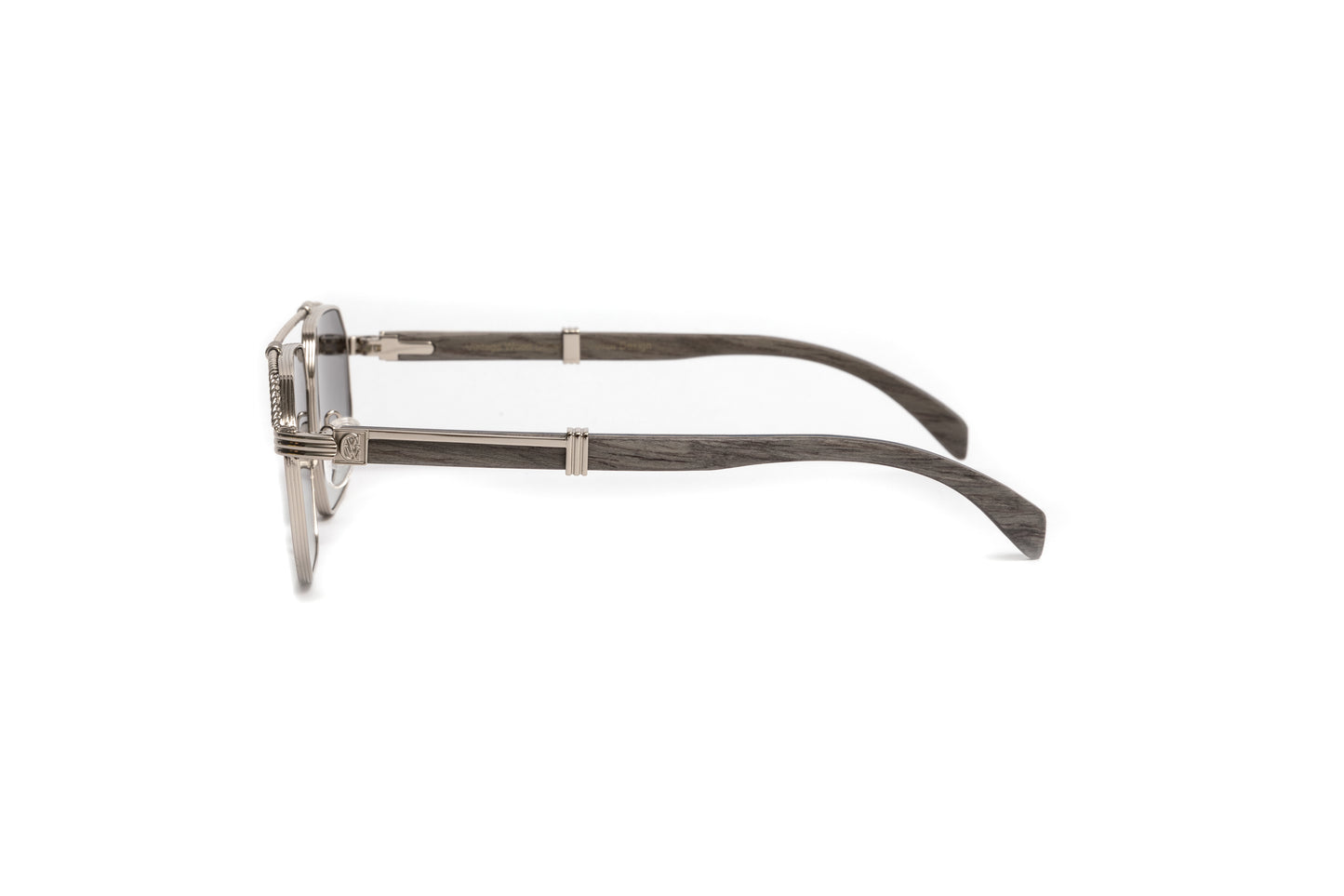 Men's full rim silver aviator sunglasses with grey wood temples and silver mirrored lenses by VWC Eyewear