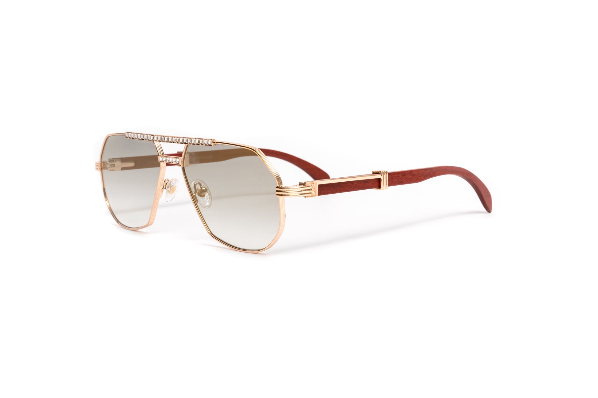 18kt gold aviator unisex sunglasses with swarovski stones, brown wood temples, and mirrored lenses by VWC Eyewear