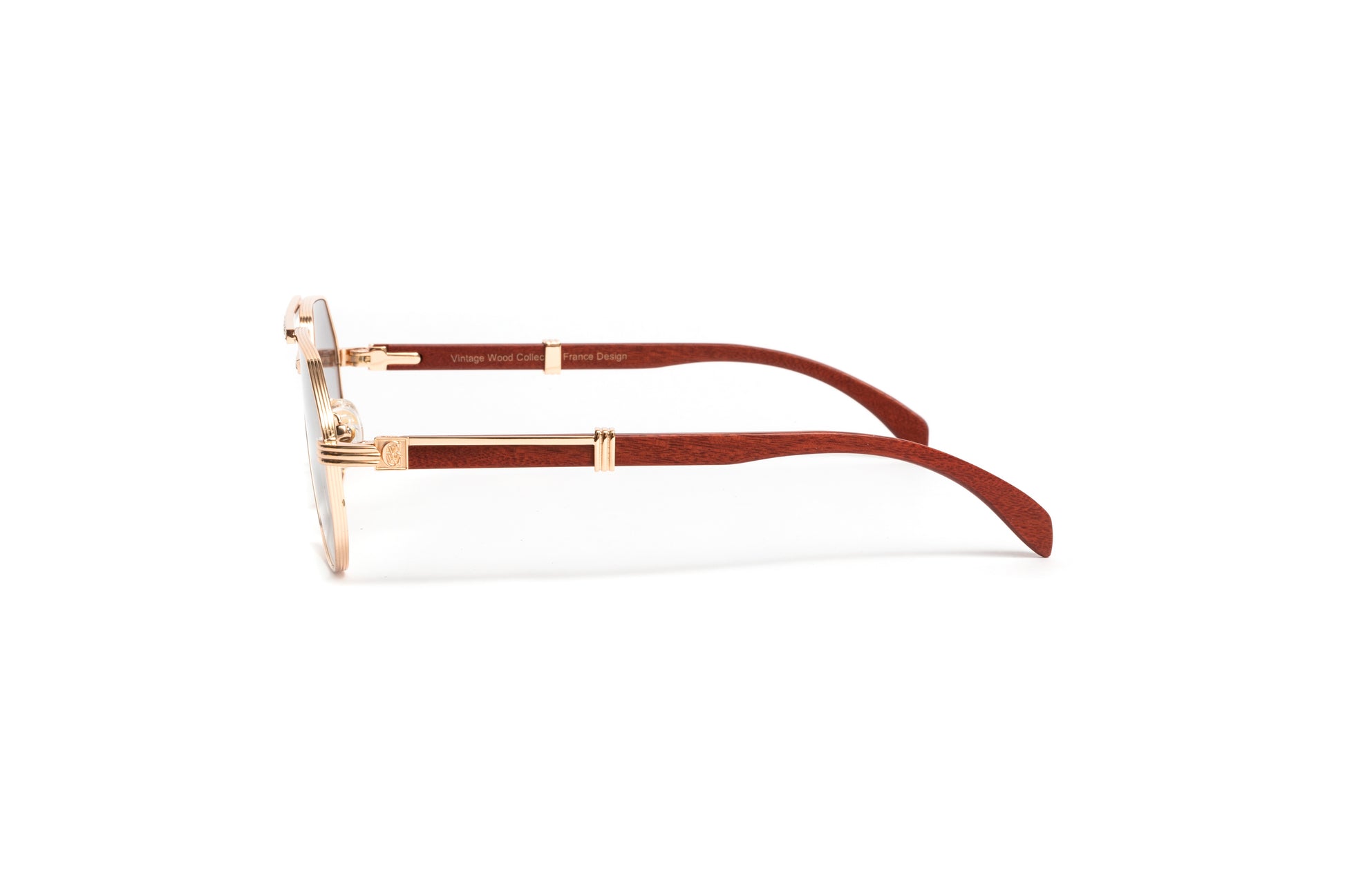 18kt gold aviator unisex sunglasses with swarovski stones, brown wood temples, and mirrored lenses by VWC Eyewear