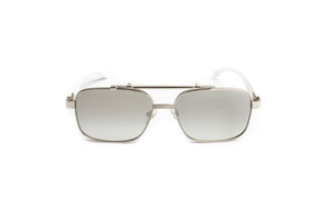 White wood and silver square aviator sunglasses for men with gradient grey and silver mirrored lenses by Vintage Wood Collection