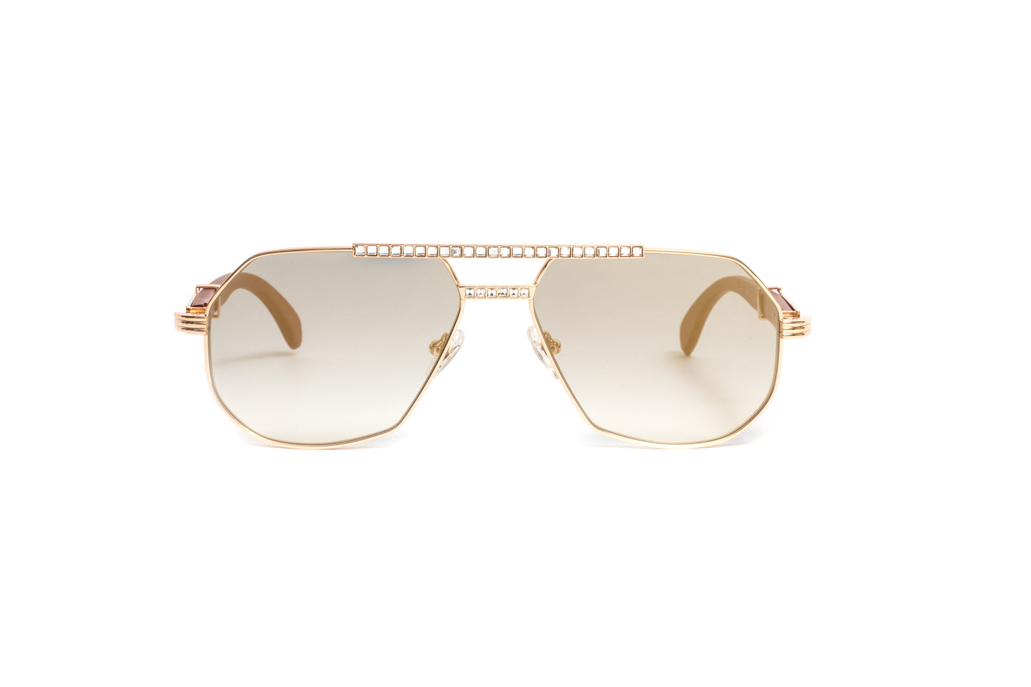 18kt gold aviator unisex sunglasses with swarovski stones, brown wood temples, and mirrored lenses by VWC Eyewear