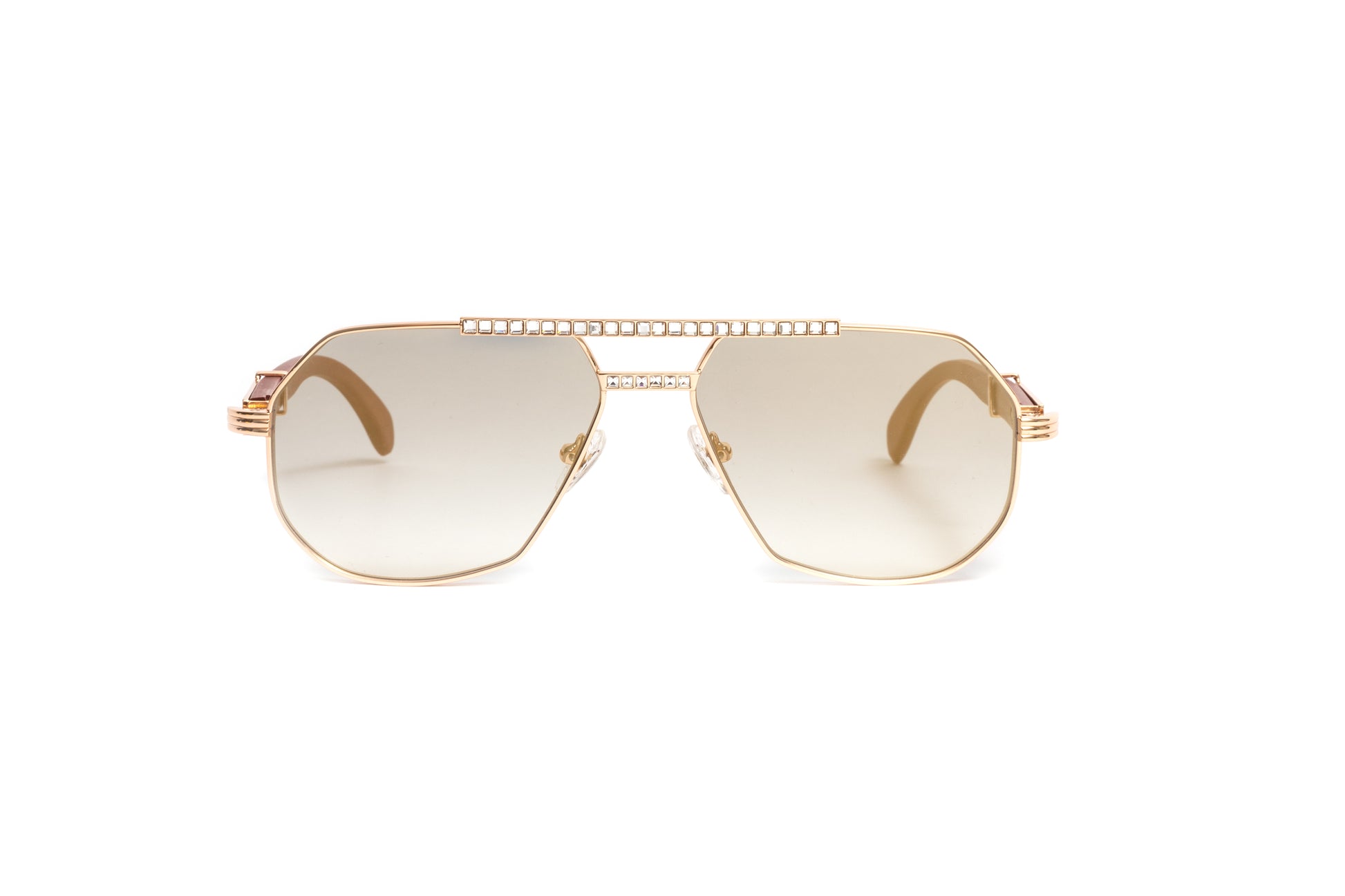 18kt gold aviator unisex sunglasses with swarovski stones, brown wood temples, and mirrored lenses by VWC Eyewear