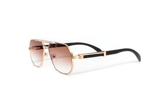 18kt gold aviator sunglasses with black wood temples, swarovski stones and gradient tinted brown lenses with anti glare coating by VWC Eyewear