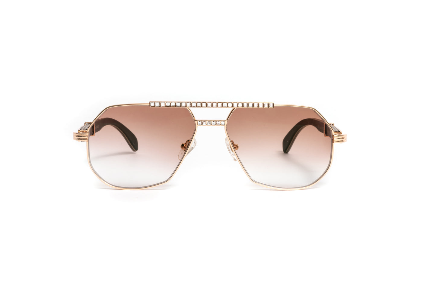 18kt gold aviator sunglasses with black wood temples, swarovski stones and gradient tinted brown lenses with anti glare coating by VWC Eyewear