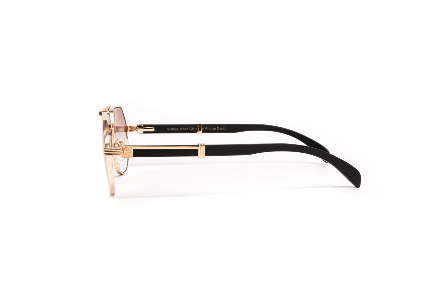 18kt gold aviator sunglasses with black wood temples, swarovski stones and gradient tinted brown lenses with anti glare coating by VWC Eyewear