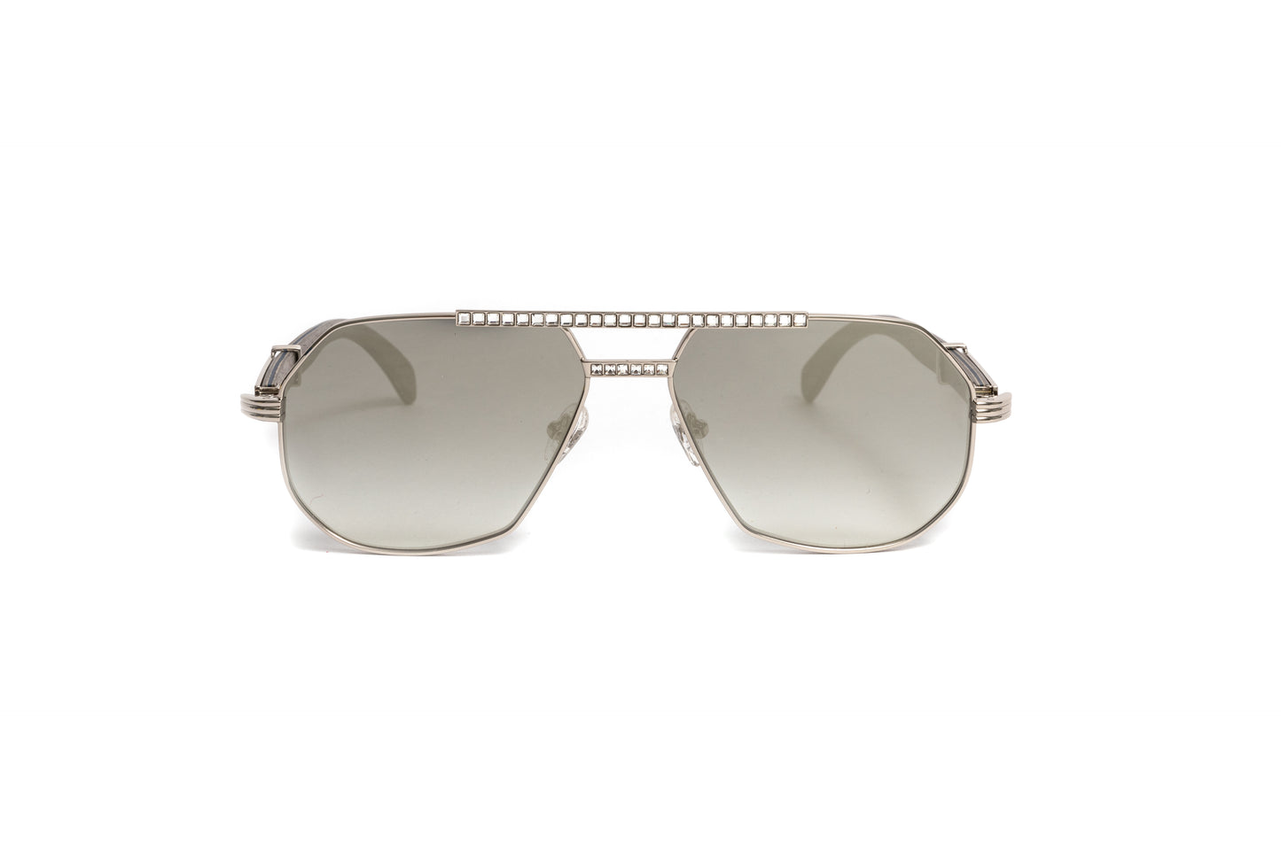 Silver swarovski aviator sunglasses with grey wood temples and silver mirrored lenses by VWC Eyewear