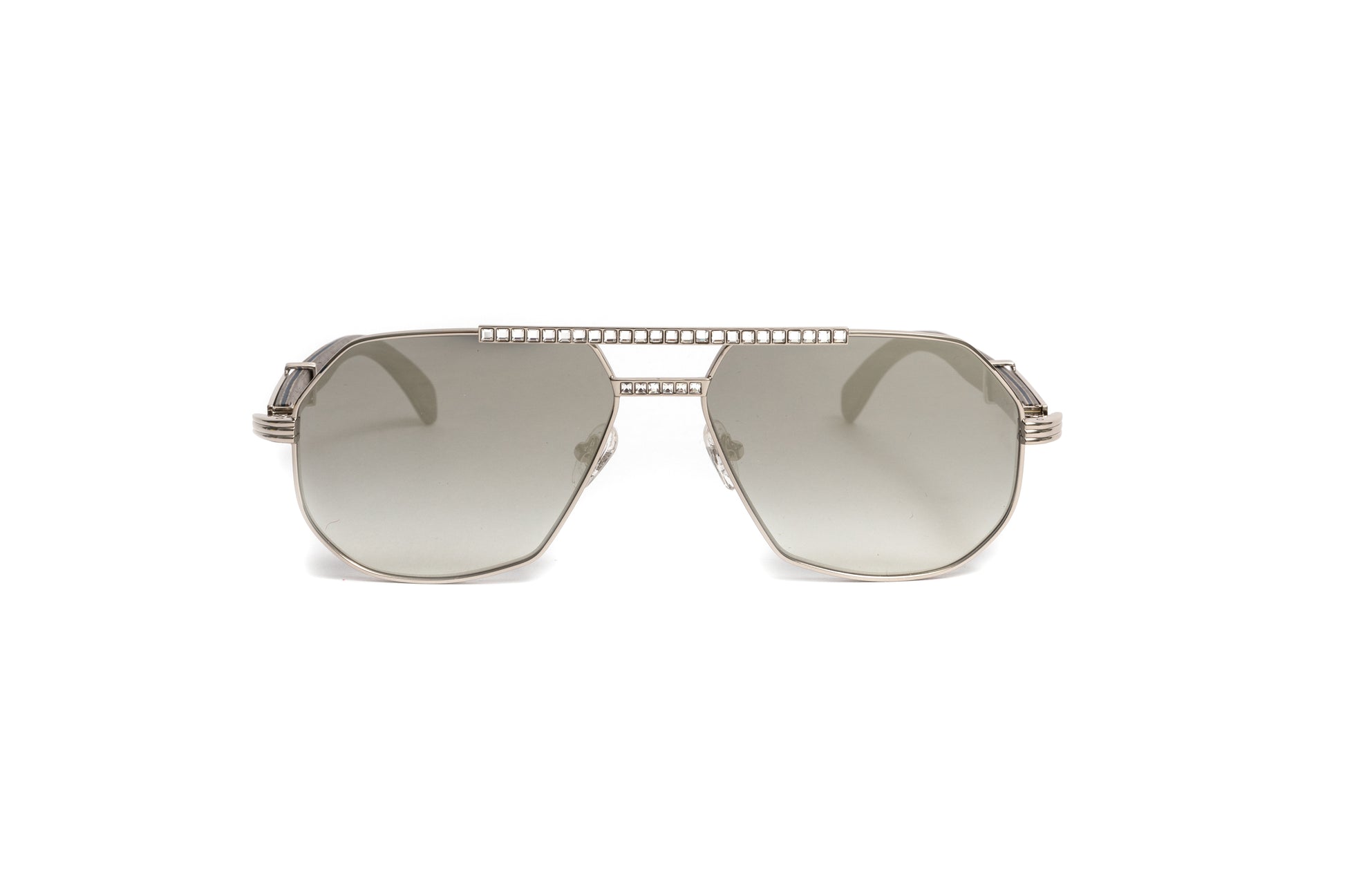 Silver swarovski aviator sunglasses with grey wood temples and silver mirrored lenses by VWC Eyewear