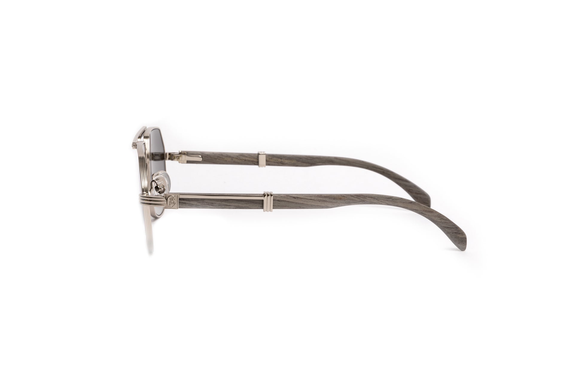 Silver swarovski aviator sunglasses with grey wood temples and silver mirrored lenses by VWC Eyewear