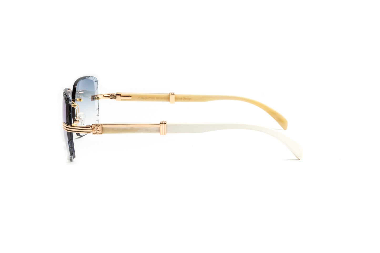 Premiere de Cartier style white buffalo horn 18KT gold rimless sunglasses with gradient grey tinted diamond cut lenses for men by Vintage Wood Collection