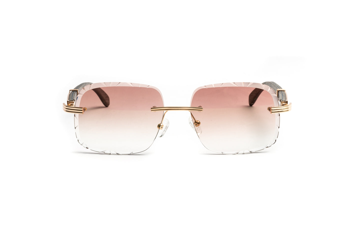 Cartier style men's grey wood 18kt gold sunglasses frame with gradient brown diamond cut edge lenses by Vintage Wood Collection