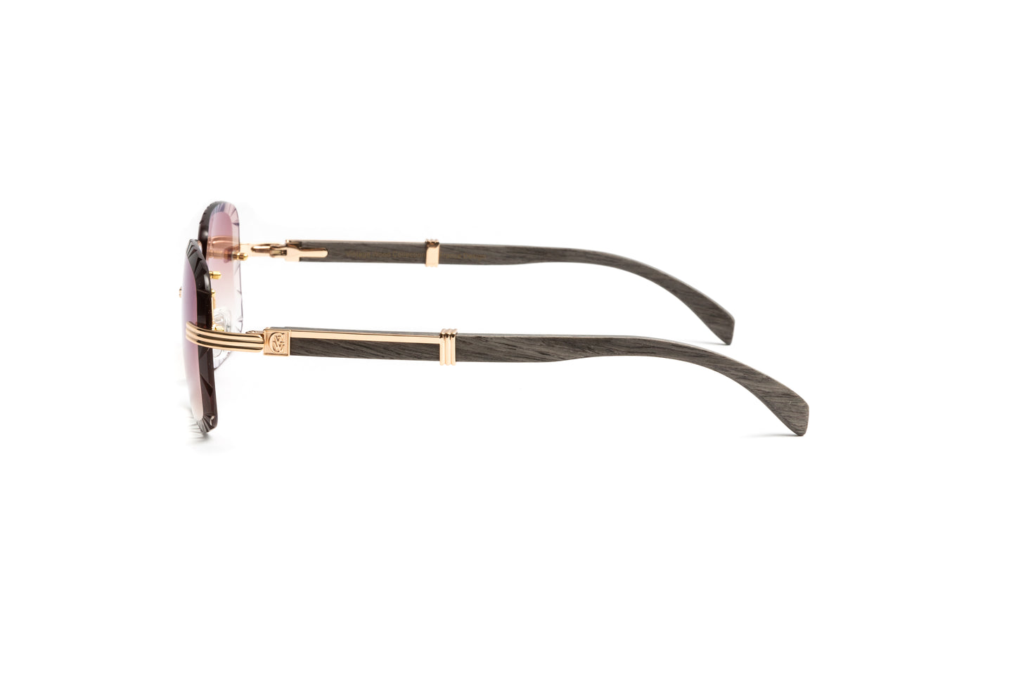 Cartier style men's grey wood 18kt gold sunglasses frame with gradient brown diamond cut edge lenses by Vintage Wood Collection