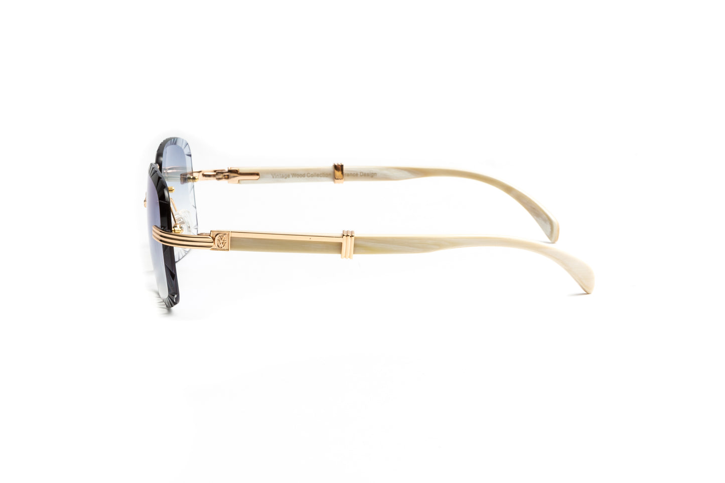 18kt gold plated and white buffalo horn Cartier style men's sunglasses with gradient grey diamond cut square lenses by Vintage Wood Collection