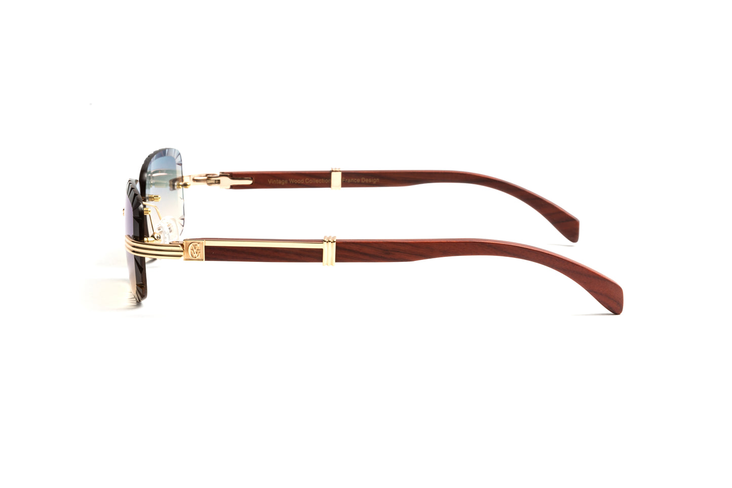18kt gold plated and brown cherry wood rimless sunglasses with double gradient grey and yellow tinted lenses with beveled diamond cut edges by Vintage Wood Collection