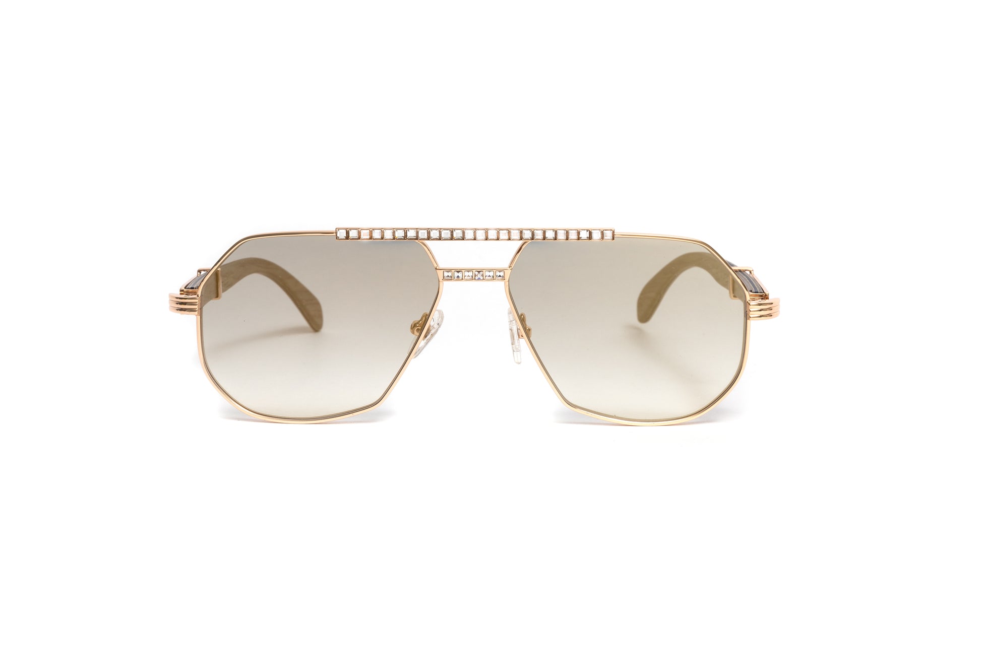 18kt gold Swarovski stone aviator sunglasses with grey wood temples and gold mirrored lenses by VWC Eywear