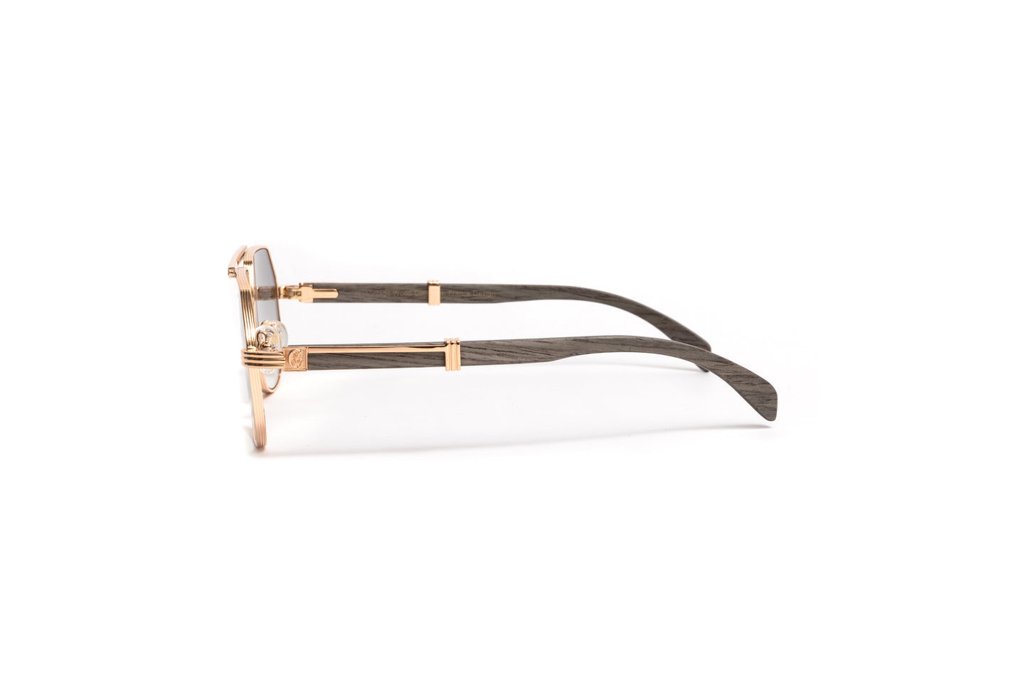 18kt gold Swarovski stone aviator sunglasses with grey wood temples and gold mirrored lenses by VWC Eywear
