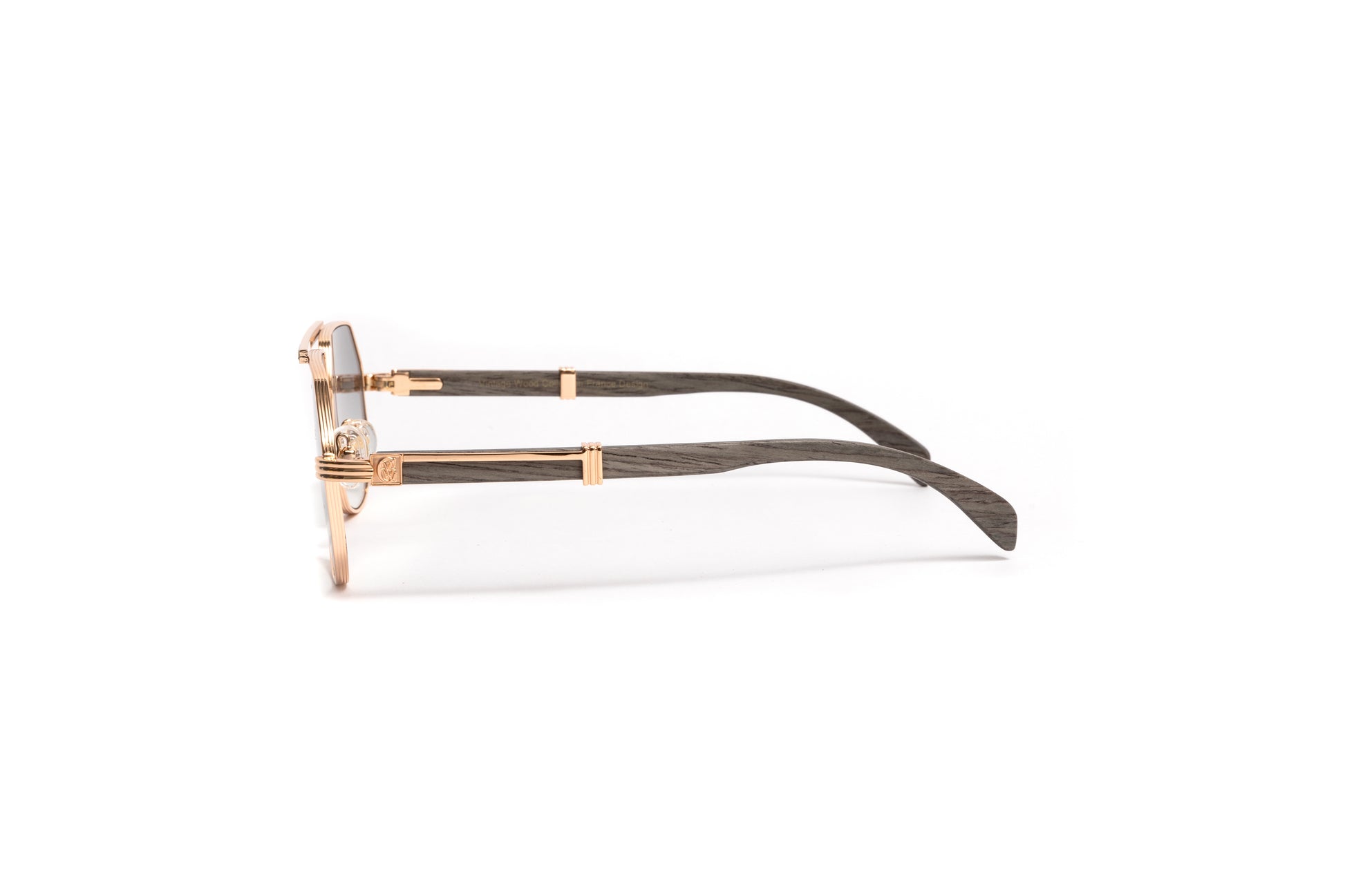 18kt gold Swarovski stone aviator sunglasses with grey wood temples and gold mirrored lenses by VWC Eywear