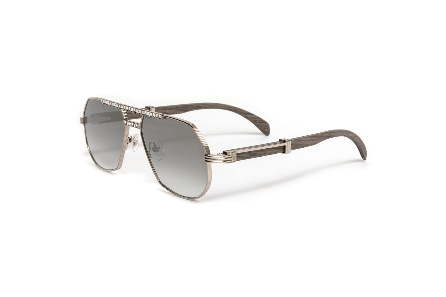 Silver swarovski aviator sunglasses with grey wood temples and silver mirrored lenses by VWC Eyewear