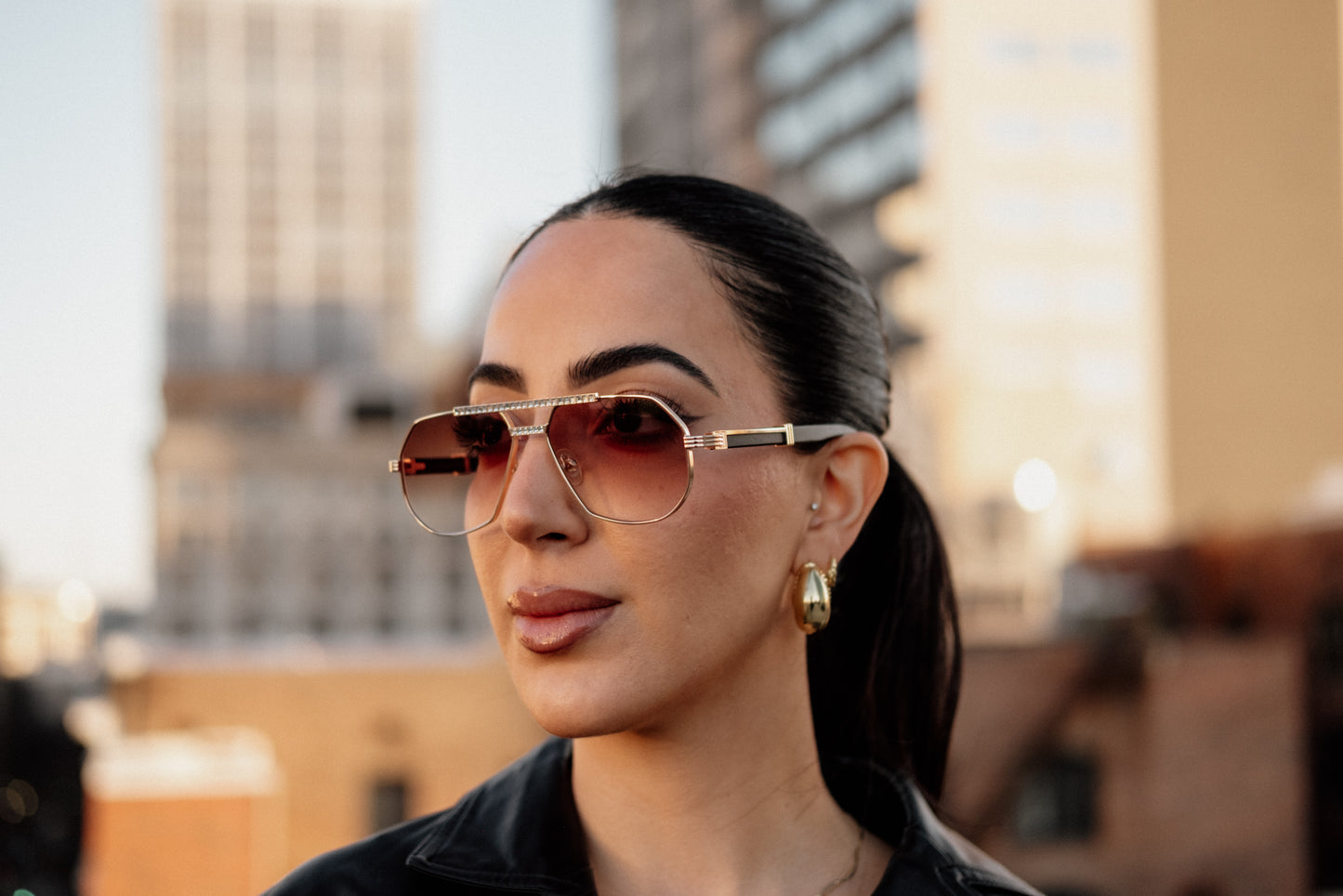 VWC Eyewear Brigade full rim aviator wood sunglasses with Swarovski stones and gradient brown lenses