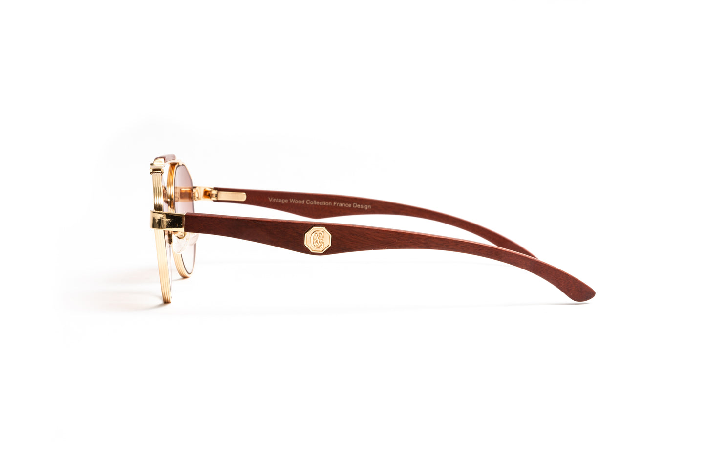 18kt gold and brown wood round aviator unisex sunglasses with gradient brown lenses by Vintage Wood Collection