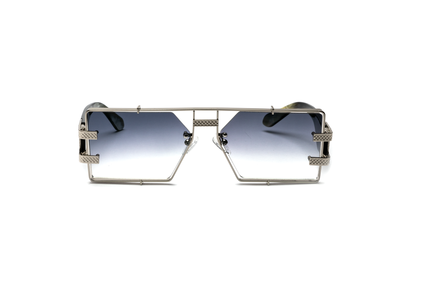 Front-angle product image of black and silver buffalo horn sunglasses from Vintage Wood Collection, featuring sleek metal detailing and gradient grey lenses. The sunglasses have a modern, street-style design and are displayed on a clean white background.