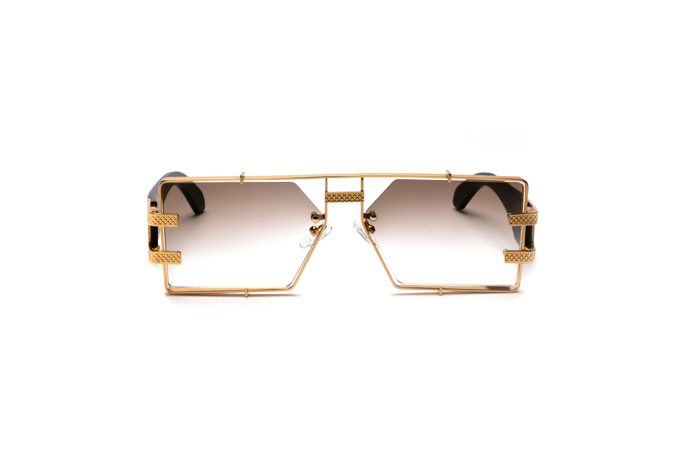Front-angle product image of black wood and 24-karat gold sunglasses from Vintage Wood Collection, featuring gradient brown lenses and a sleek metal frame. The sunglasses have a bold, street-style design and are displayed on a clean white background.