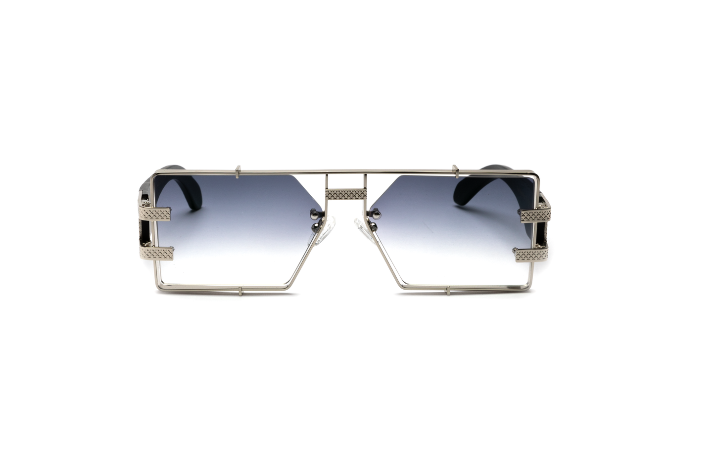 Front-angle product image of black wood and silver sunglasses from Vintage Wood Collection, featuring gradient gray lenses and sleek metal detailing. The sunglasses have a modern, street-style design and are displayed on a clean white background.