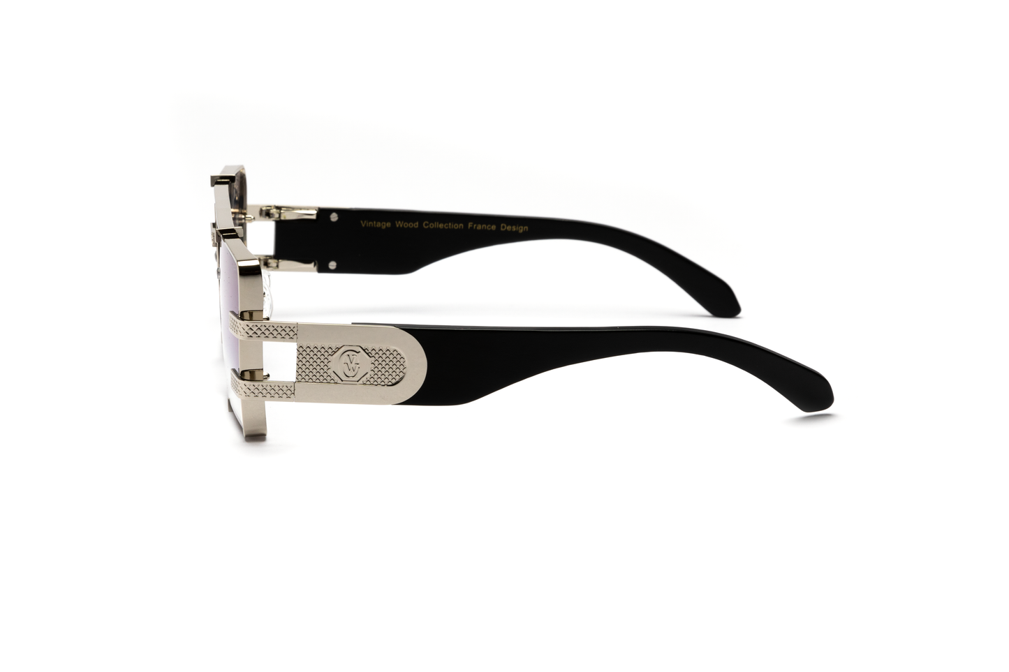 Side-angle product image of black wood and silver sunglasses from Vintage Wood Collection, featuring gradient gray lenses and sleek metal detailing. The sunglasses have a modern, street-style design and are displayed on a clean white background.