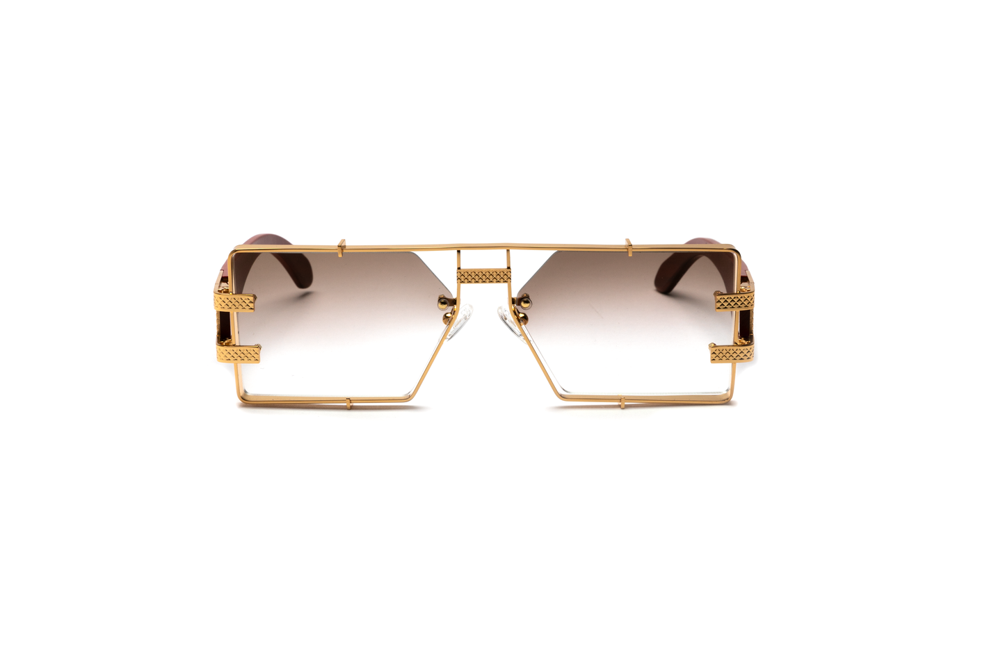 Front-angle product image of brown wood and 24-karat gold sunglasses from Vintage Wood Collection, featuring gradient brown lenses and a refined metal frame. The sunglasses have a polished, street-style design and are displayed on a clean white background.