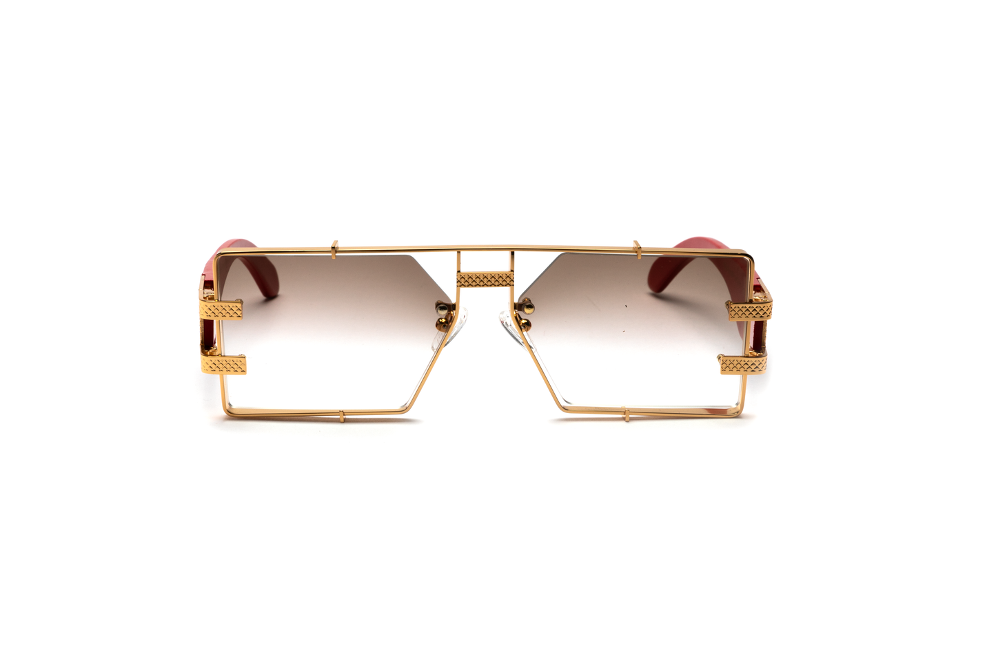 Front-angle product image of redwood and 24-karat gold sunglasses from Vintage Wood Collection, featuring gradient brown lenses and a polished metal frame. The sunglasses have a warm, street-style design and are displayed on a clean white background.
