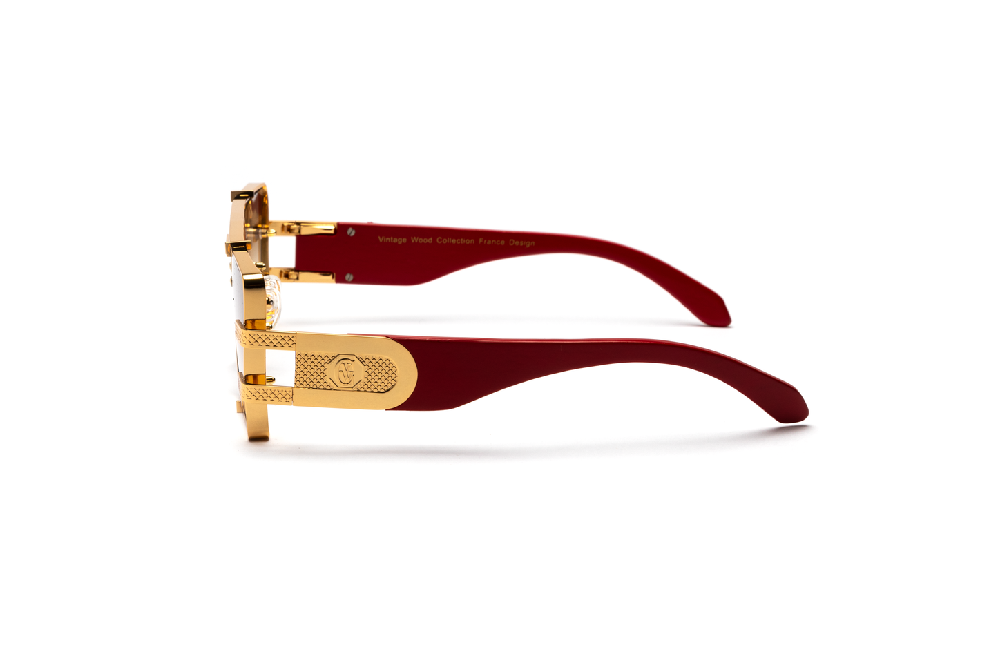 Side-angle product image of redwood and 24-karat gold sunglasses from Vintage Wood Collection, featuring gradient brown lenses and a polished metal frame. The sunglasses have a warm, street-style design and are displayed on a clean white background.