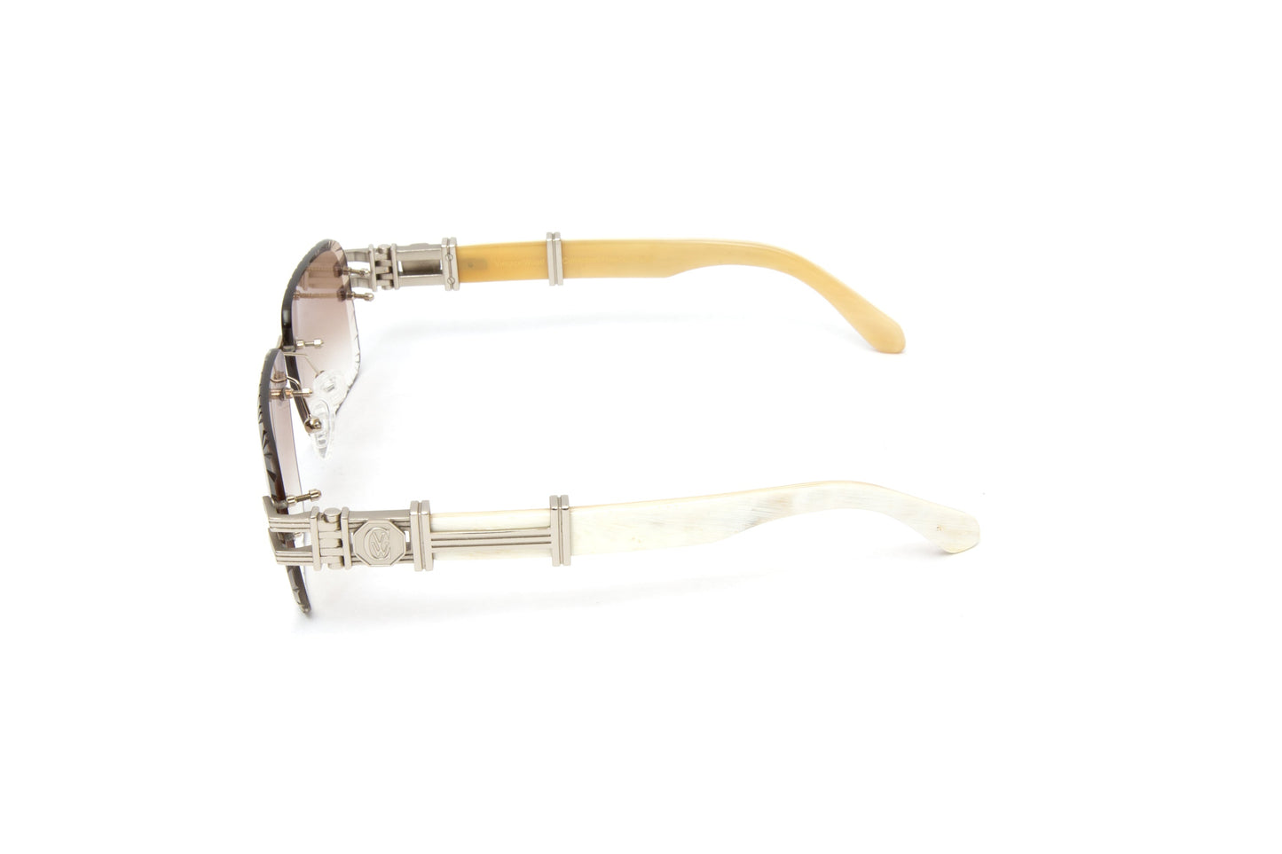 BOULEVARD #2 Silver Rimless White Buffalo Horn Sunglasses, Diamond Cut Lenses