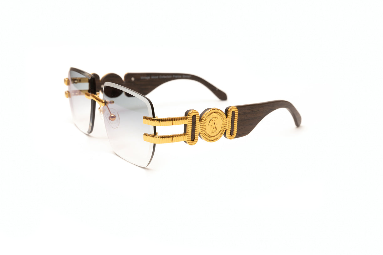 VWC Eyewear Collector Drill Mount Sunglasses 24KT Gold Plated Dark Brown Woods