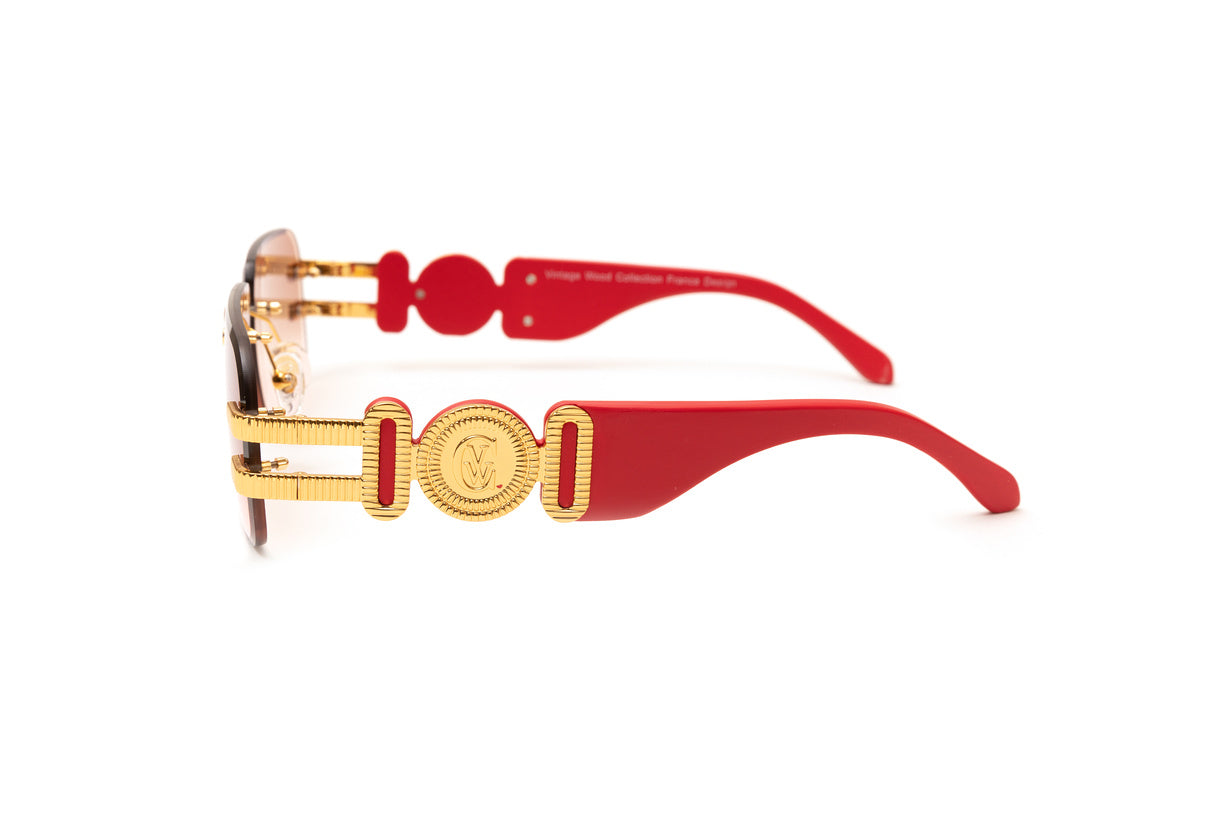 24kt gold plated rimless sunglasses with red wood temples and gradient brown beveled lenses by VWC Eyewear