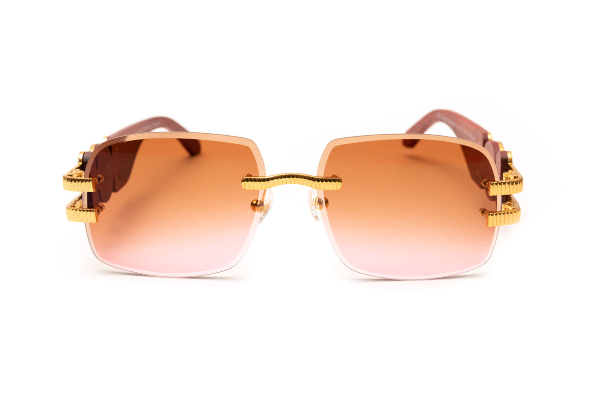 24 KT gold brown cherry wood rimless sunglasses with double gradient brown and pink beveled lenses for hip hop fashion by VWC Eyewear