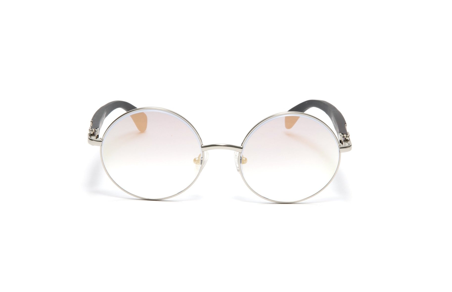 VWC Round Black Wood Sunglasses, Silver Frames, Gradient Grey + White Gold Flash Lenses
