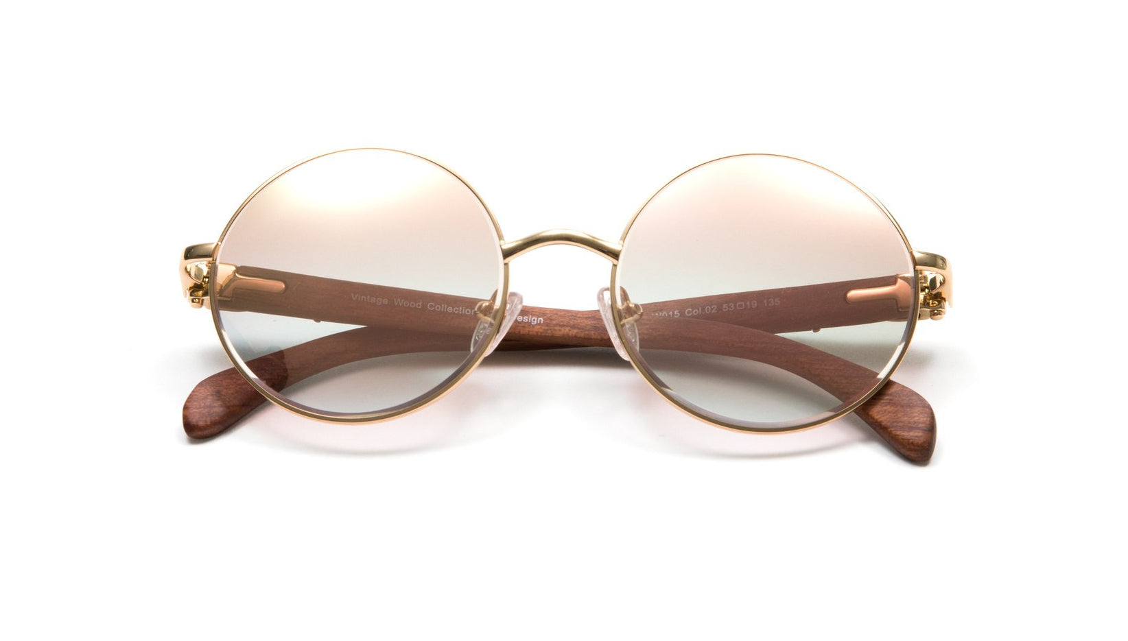 VWC Round Gold & Wood Sunglasses, Gold Frames, Gradient Brown + White Gold Flash Lenses