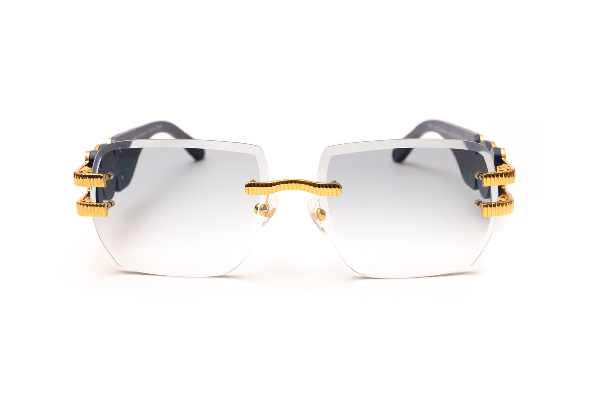 24kt gold plated "Collector" rimless sunglasses with dark blue wood temples and gradient grey lenses by Vintage Wood Collection eyewear