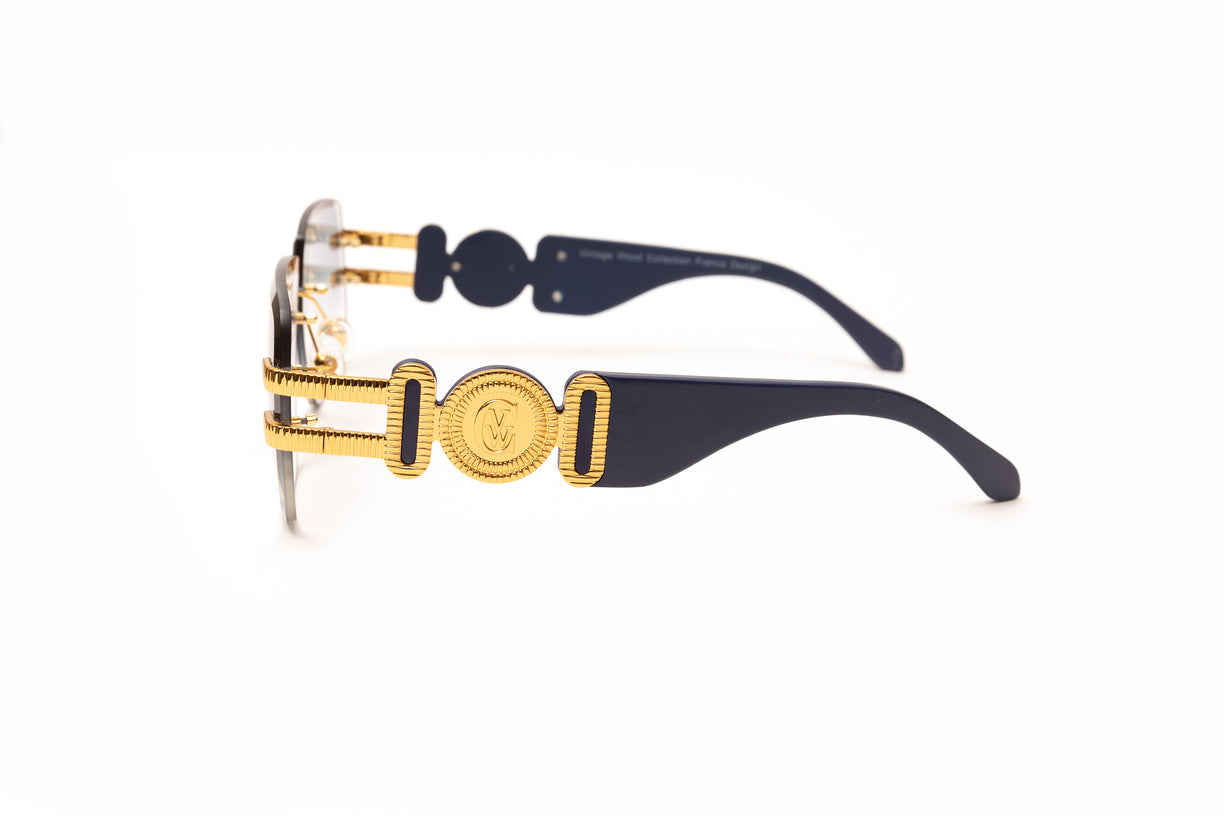 24kt gold plated "Collector" rimless sunglasses with dark blue wood temples and gradient grey lenses by Vintage Wood Collection eyewear