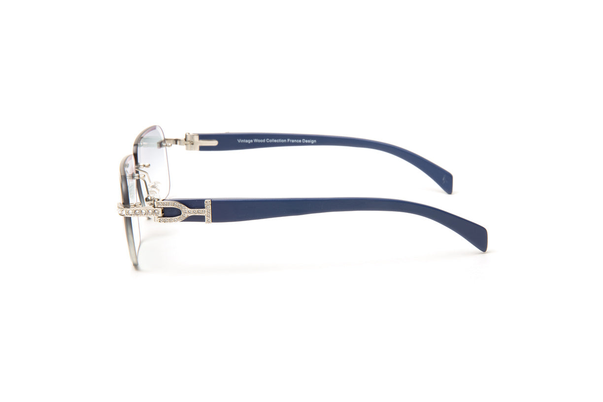 Cartier style glasses with diamonds, Blue wood sunglasses with Swarovski crystal stones and gradient grey lenses by Vintage Wood Collection, hip hop streetstyle eyewear, Migos glasses, Pop smoke glasses for men